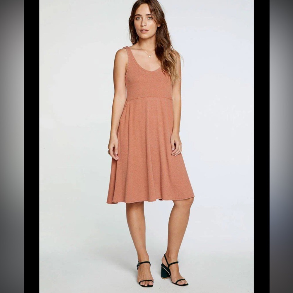 Chaser ribbed Double Vee Neck Midi Tank Dress Size Small terracotta NWOT